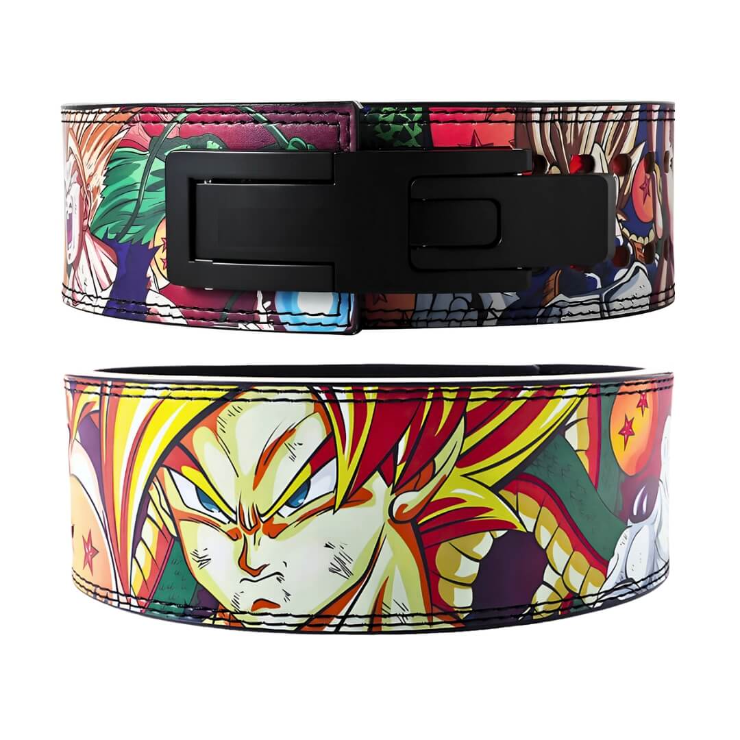 Front view of the Dragon Ball Z lifting belt showcasing Goku's fierce expression and Frieza, with detailed, vibrant illustrations and a sturdy black buckle.