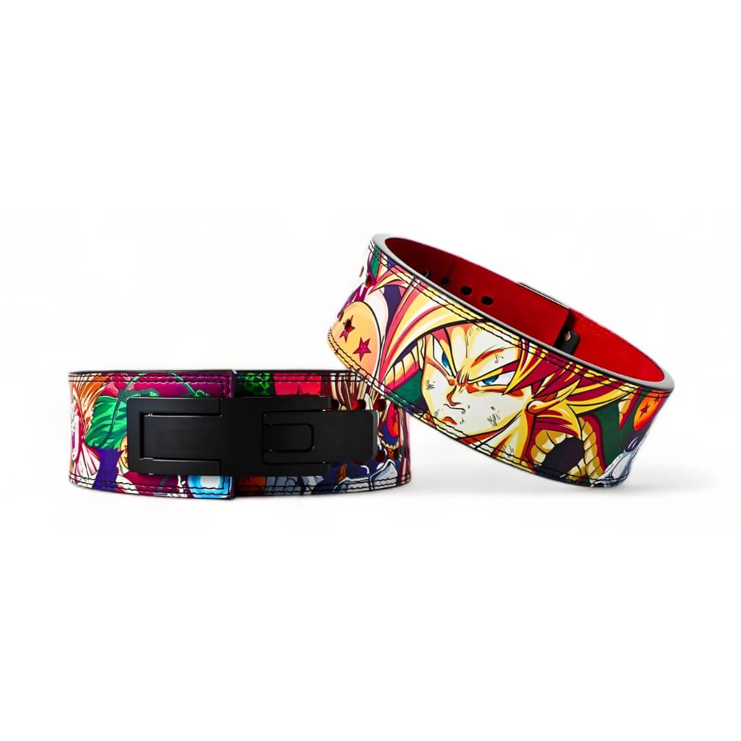 Dragon Ball Z lifting belt with vibrant, colorful graphics featuring iconic characters like Goku and Frieza, offering strong support and unique style.