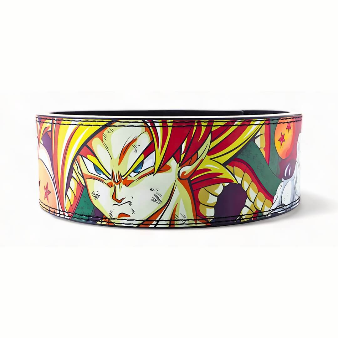 Back view of the Dragon Ball Z lifting belt with Goku's intense expression, detailed artwork, and a durable black buckle for secure support during workouts.