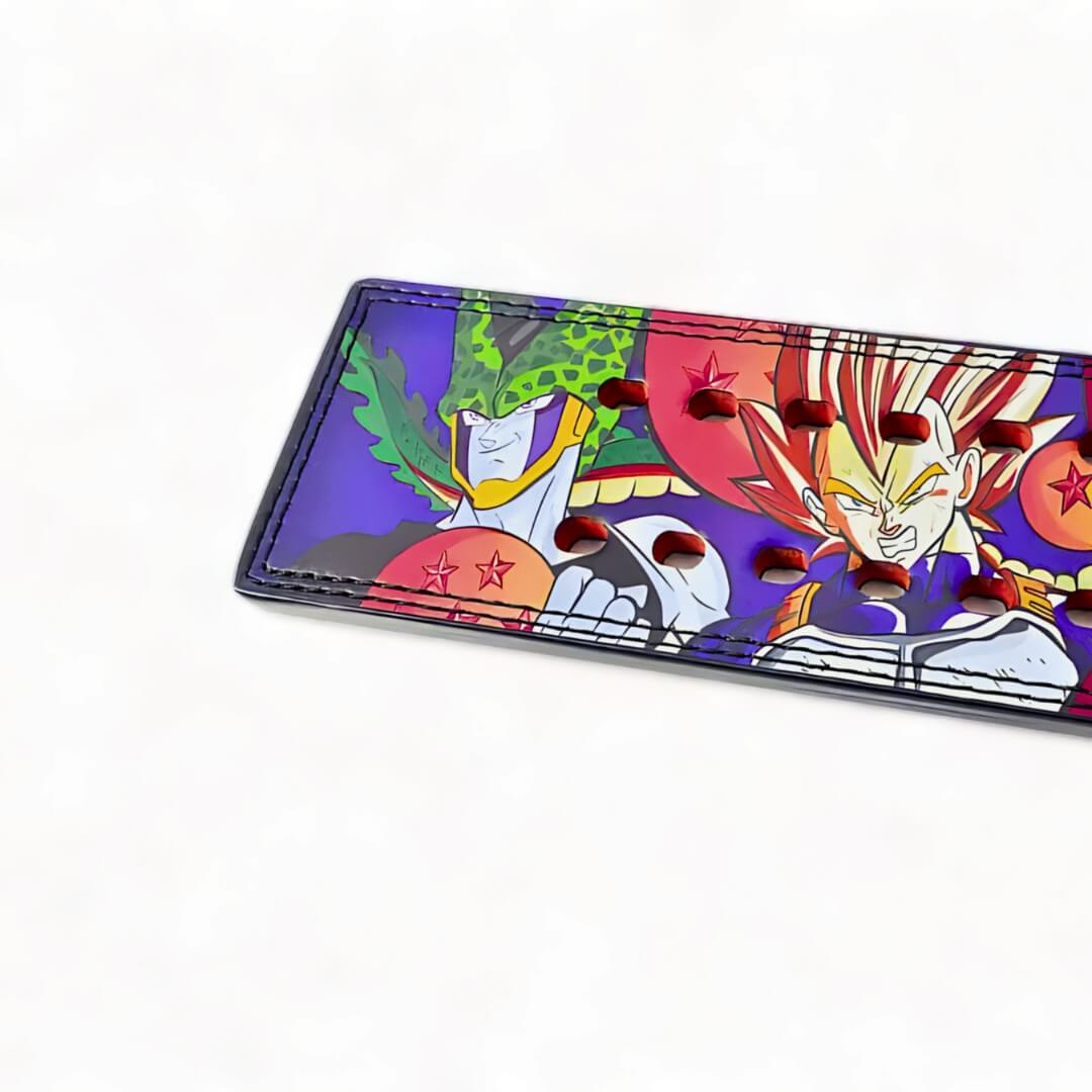 Side view of the Dragon Ball Z lifting belt with illustrations of Cell and Vegeta, featuring bright colors and detailed character designs for a bold look.