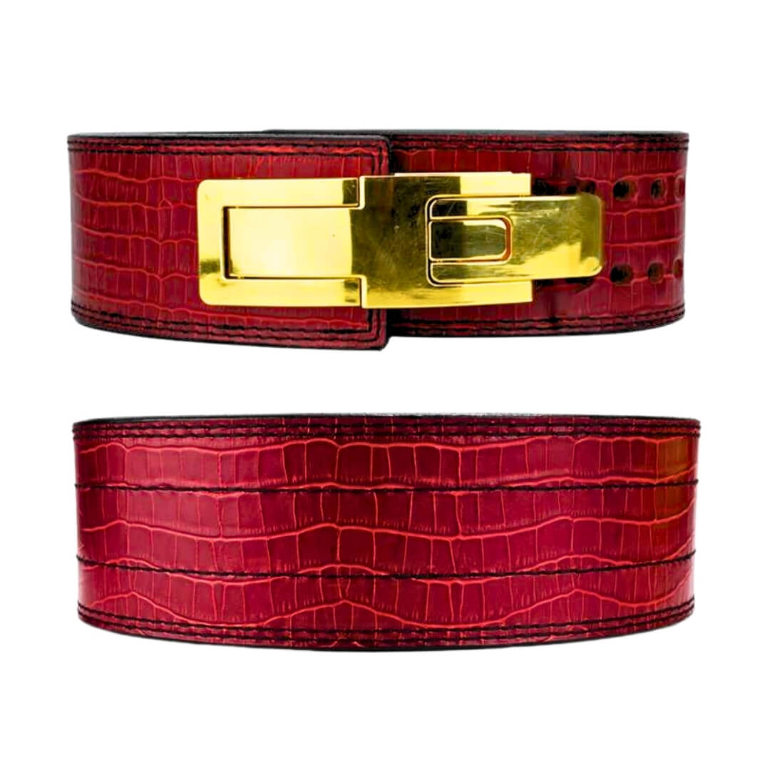 Front and rear view of bold red crocodile texture and a durable GOLD lever buckle. Crafted for superior support, this belt is ideal for lifters who demand performance and style.