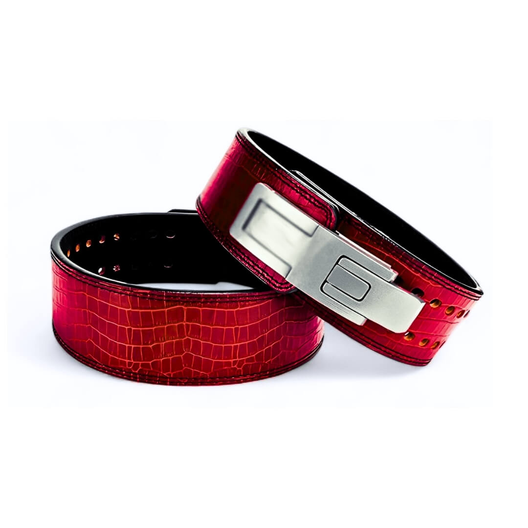 Featuring a distinctive red crocodile pattern and a silver lever buckle. These belts provide exceptional support and are crafted for lifters who want to make a statement.