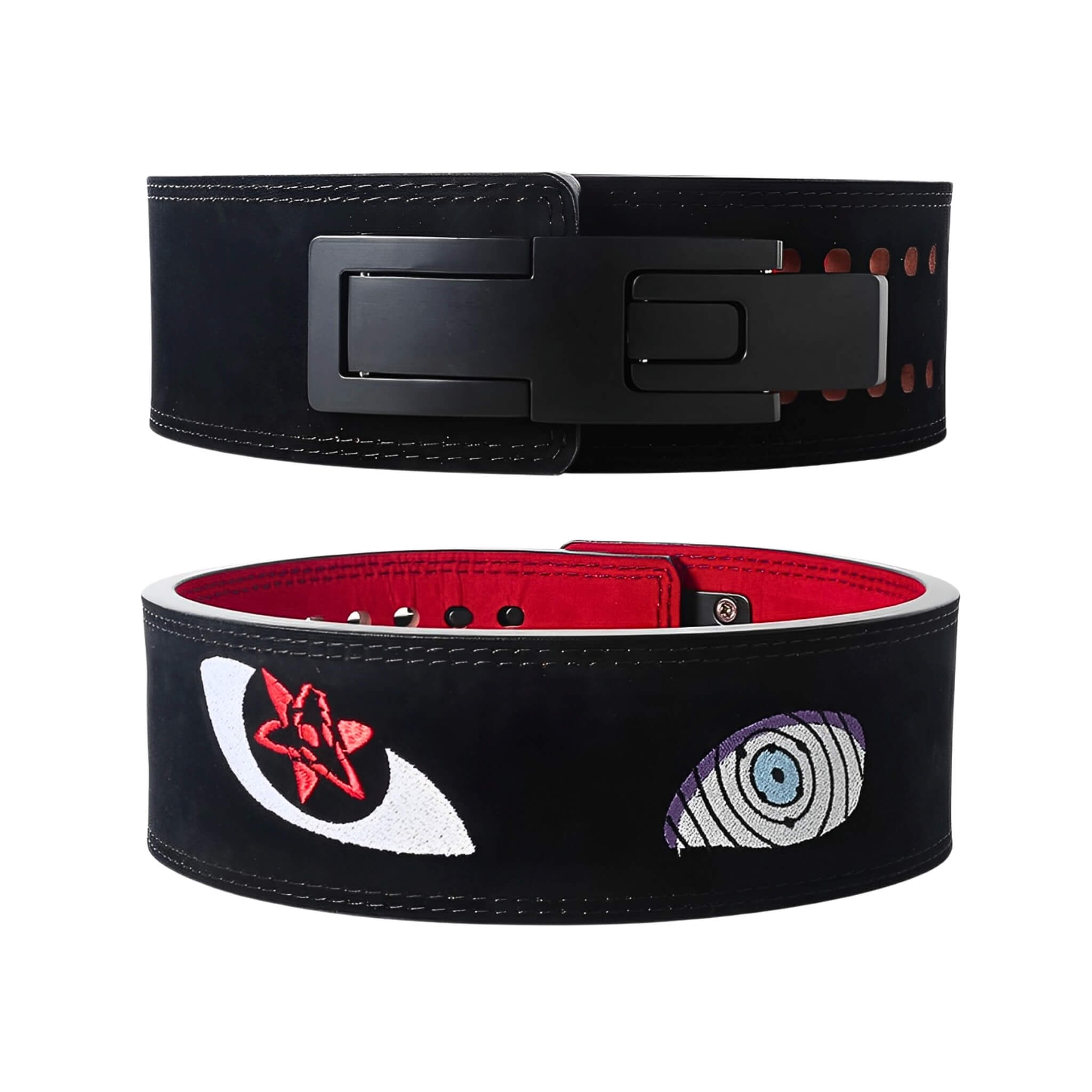 Naruto powerlifting belt showcasing vibrant anime artwork featuring Naruto and other characters. High-quality leather with durable construction, ideal for fitness enthusiasts and anime fans.