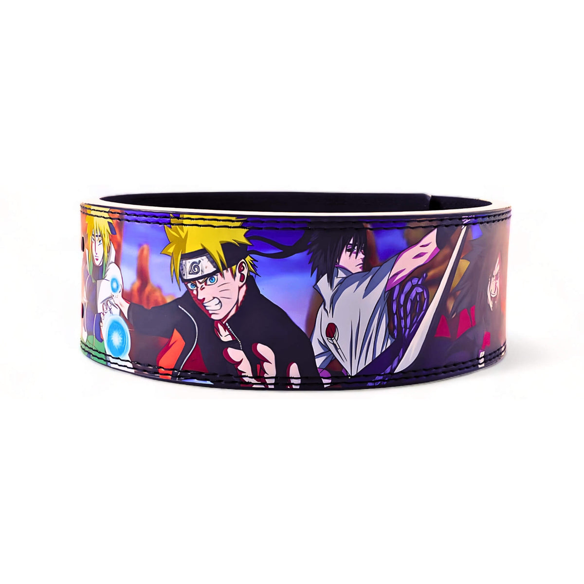 Side view of the Naruto powerlifting belt with detailed artwork of Naruto and other anime characters. Premium leather and robust design for serious weightlifting and support.