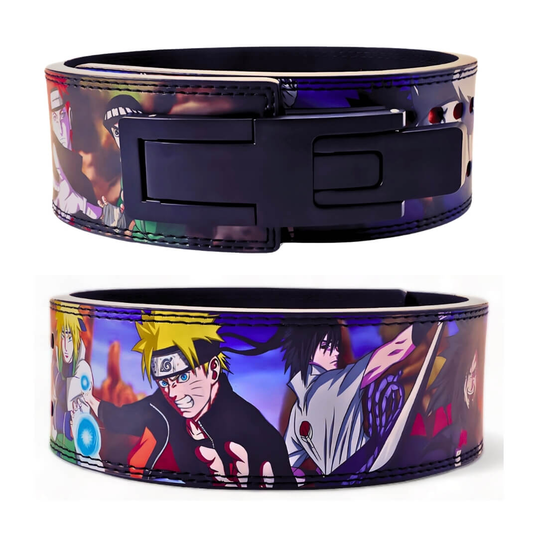 Two Naruto powerlifting belts, one folded and one extended, showcasing vibrant anime designs and robust construction. Ideal for dedicated lifters and anime fans seeking style and support.