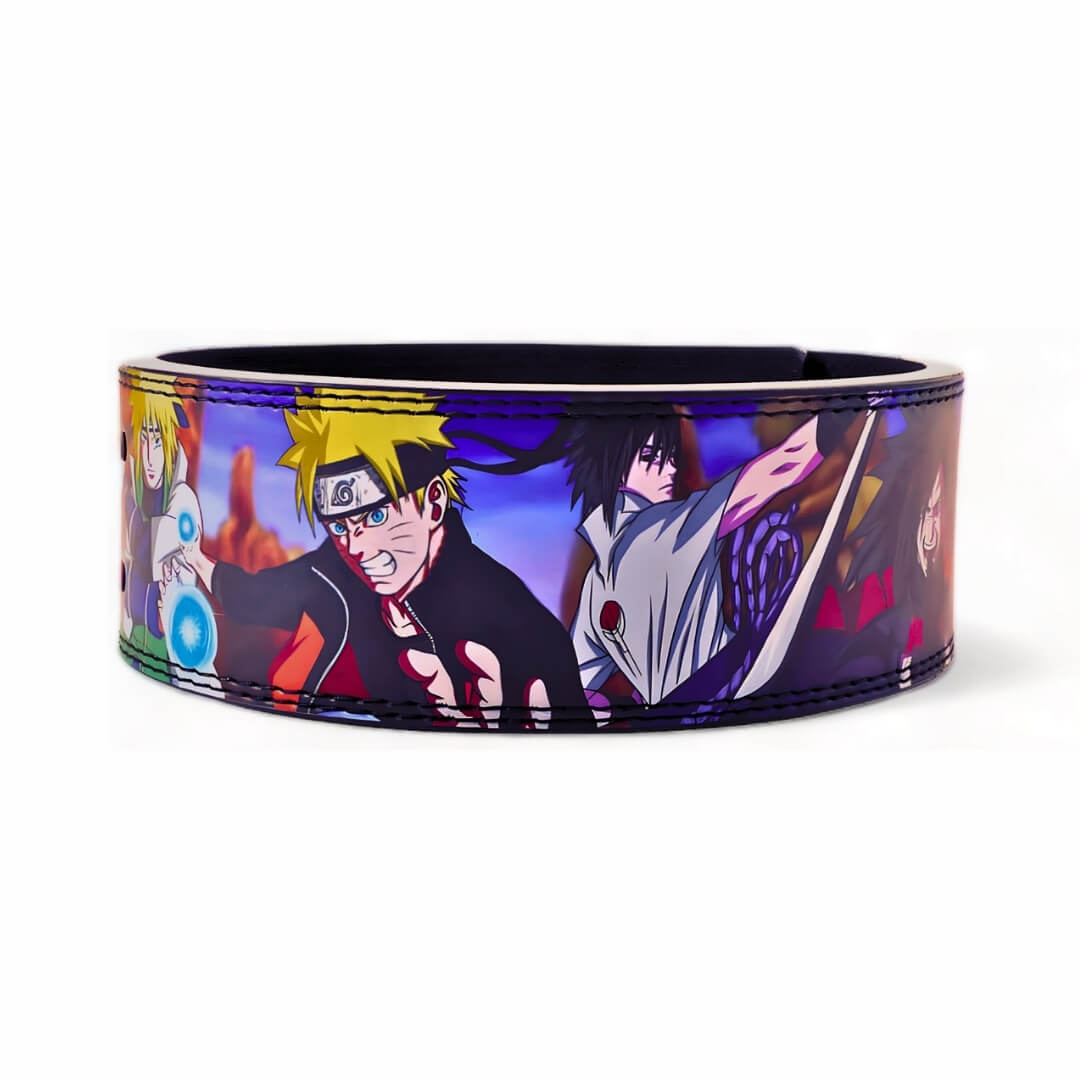 Side view of the Naruto powerlifting belt with detailed artwork of Naruto and other anime characters. Premium leather and robust design for serious weightlifting and support.