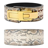 Front and back view of Rattlesnake weightlifting belt | Lever belt with texture with a gold lever buckle. These belts are designed for lifters who seek unparalleled support and a standout look in the gym.