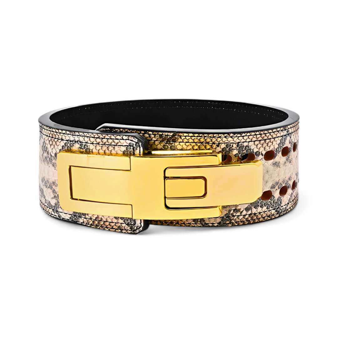 Front view of Rattlesnake weightlifting belt | Lever belt with texture with a gold lever buckle. These belts are designed for lifters who seek unparalleled support and a standout look in the gym.