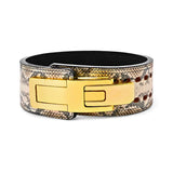 Front view of Rattlesnake weightlifting belt | Lever belt with texture with a gold lever buckle. These belts are designed for lifters who seek unparalleled support and a standout look in the gym.