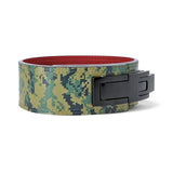 Side Woodlands camo Weightlifting Belts on display with black lever buckle | Powerlifting belt featuring adjustable lever buckle. This belt offers superior support and a sleek black leather exterior with red suede interiors, perfect for powerlifting and serious weight training.