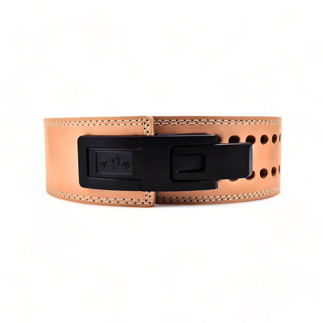 Front view of the high-quality natural leather lifting belt featuring a sleek black lever buckle, crafted for elite performance and style.