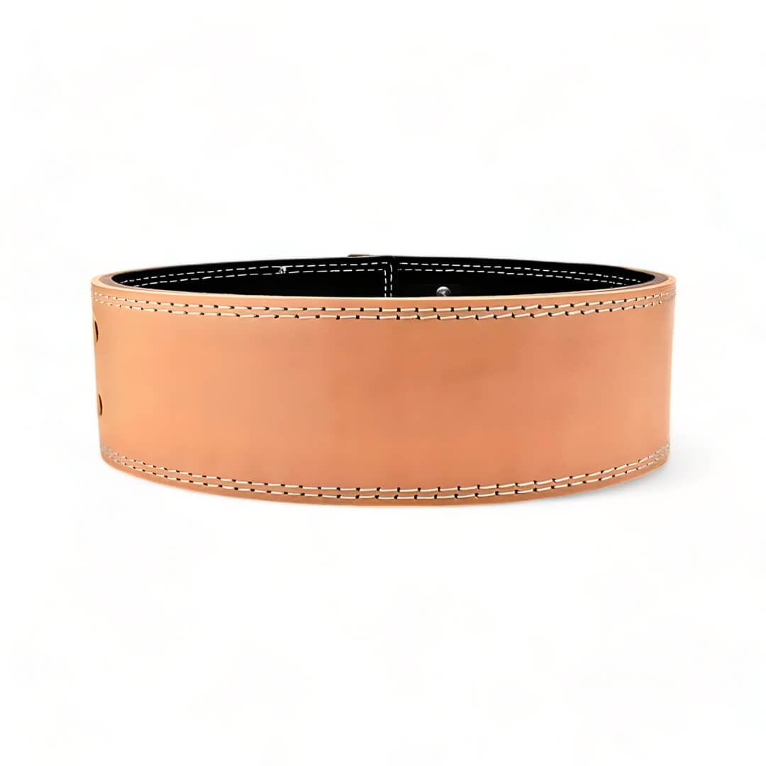 Detailed back view of the luxurious natural leather powerlifting belt, showcasing impeccable stitching and durable craftsmanship for serious lifters.