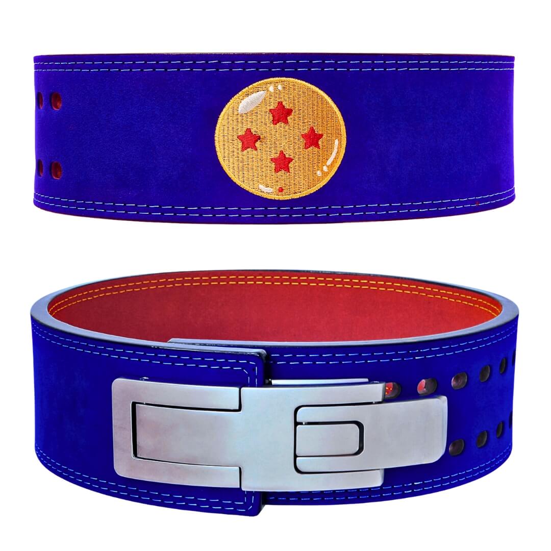 Front and rear view of Dragon Ball Z lifting belt on display | Anime lifting belt with dragonball logo stitched on blue suede exterior