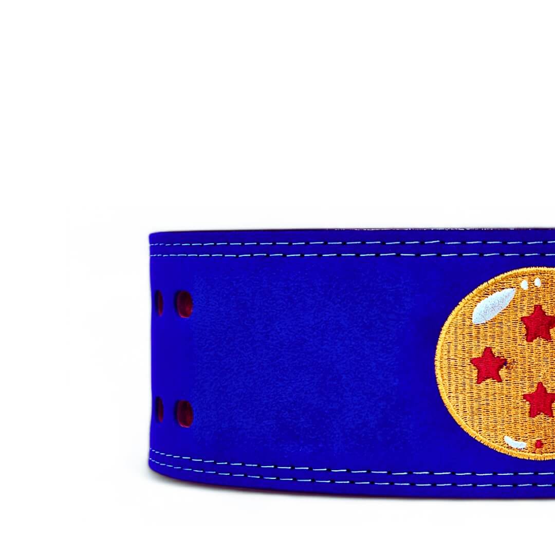 Closed up rear view of Anime lifting belt with dragonball logo stitched on blue suede exterior