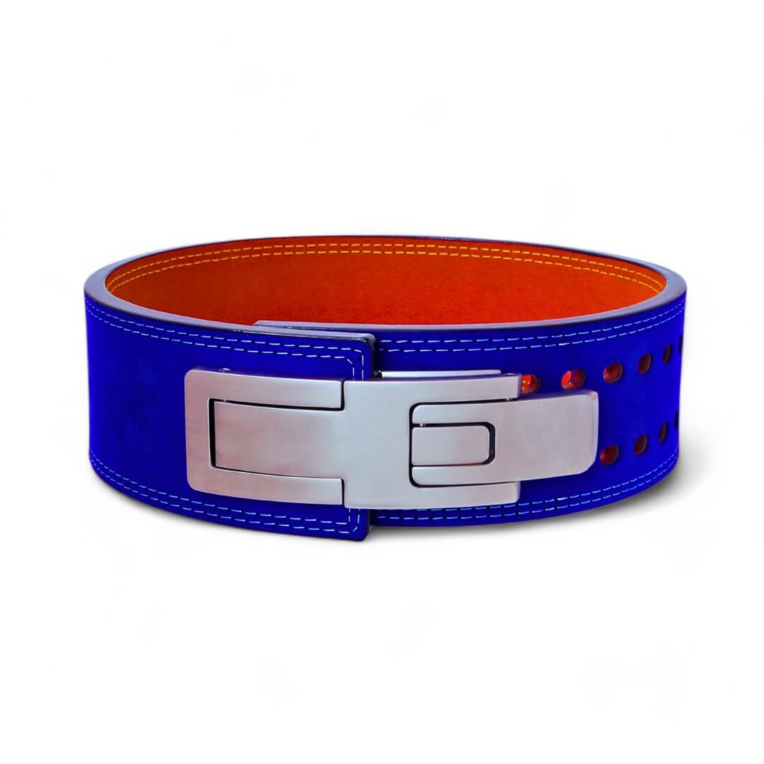 Front view of Dragon Ball Z lifting belt on display | Anime lifting belt with dragonball logo stitched on blue suede exterior