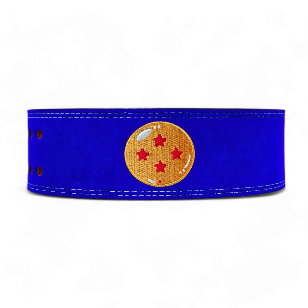 Rear view of Dragon Ball Z lifting belt on display | Anime lifting belt with dragonball logo stitched on blue suede exterior