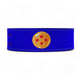 Rear view of Dragon Ball Z lifting belt on display | Anime lifting belt with dragonball logo stitched on blue suede exterior