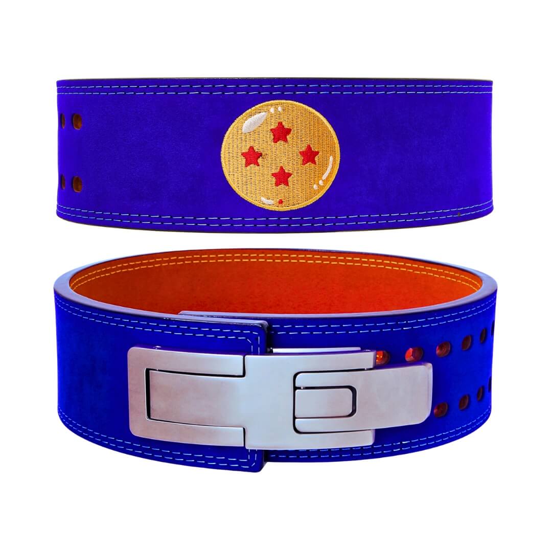 Front and rear view of Dragon Ball Z lifting belt on display | Anime lifting belt with dragonball logo stitched on blue suede exterior