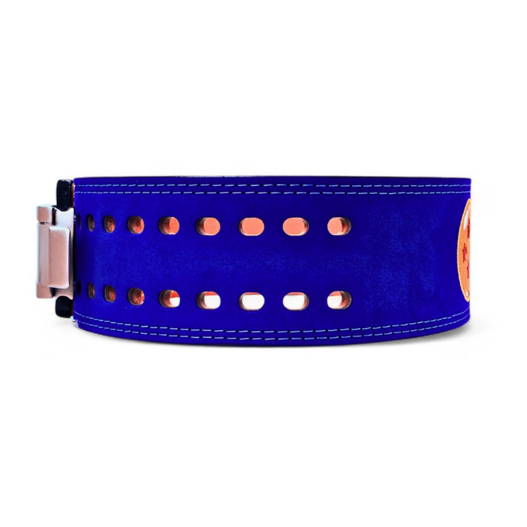 Side view of Anime lifting belt with dragonball logo stitched on blue suede exterior