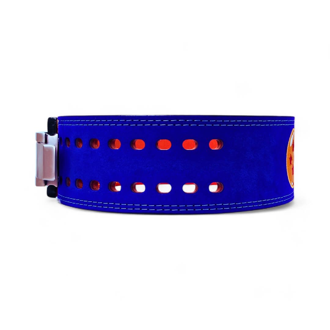 Side view of Dragon Ball Z lifting belt on display | Anime lifting belt with dragonball logo stitched on blue suede exterior