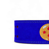 Closed up view of Rear view of Dragon Ball Z lifting belt on display | Anime lifting belt with dragonball logo stitched on blue suede exterior