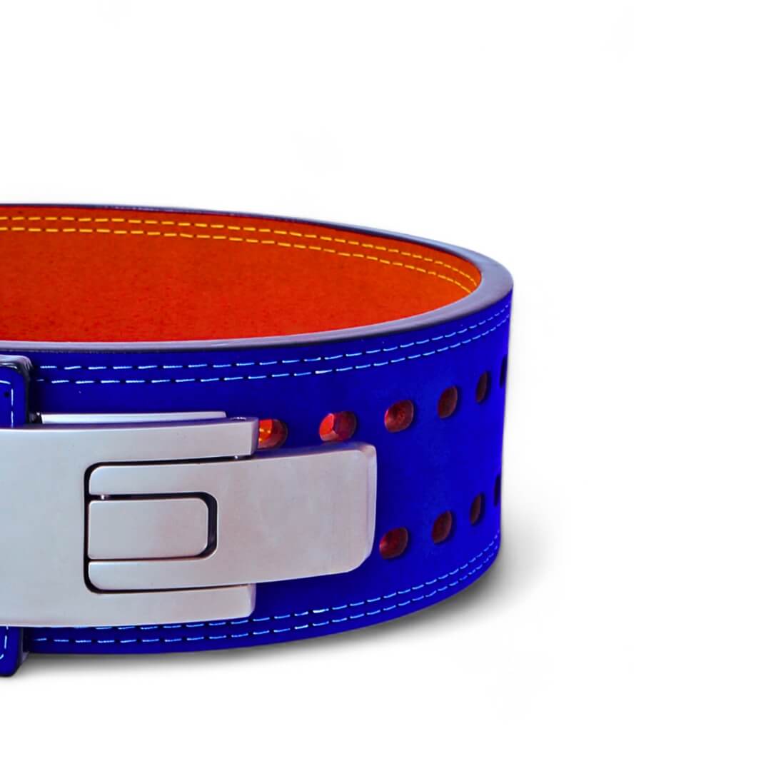 Closed up view of front view of Dragon Ball Z lifting belt on display | Anime lifting belt with dragonball logo stitched on blue suede exterior