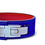 Closed up front view of Anime lifting belt with dragonball logo stitched on blue suede exterior