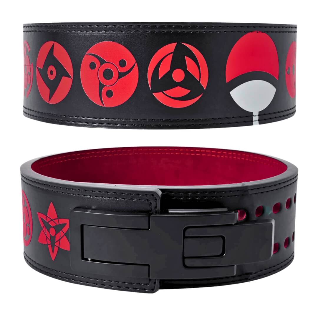 Premium powerlifting belt with vibrant red designs, adjustable lever buckle, and robust construction. Perfect for heavy lifting, ensuring both stability and a unique aesthetic.