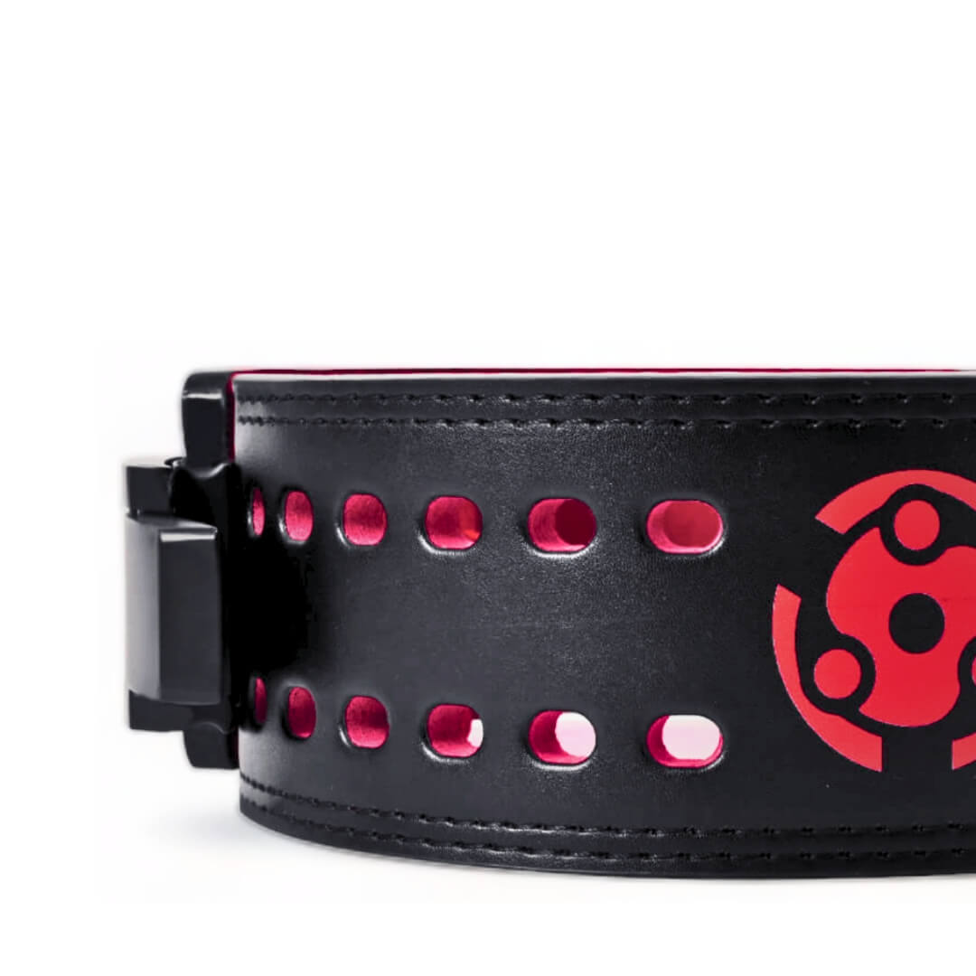 Closed up view of Durable powerlifting belt adorned with striking red symbols, including an ergonomic lever buckle. Ideal for competitive lifters looking for both performance and unique design.