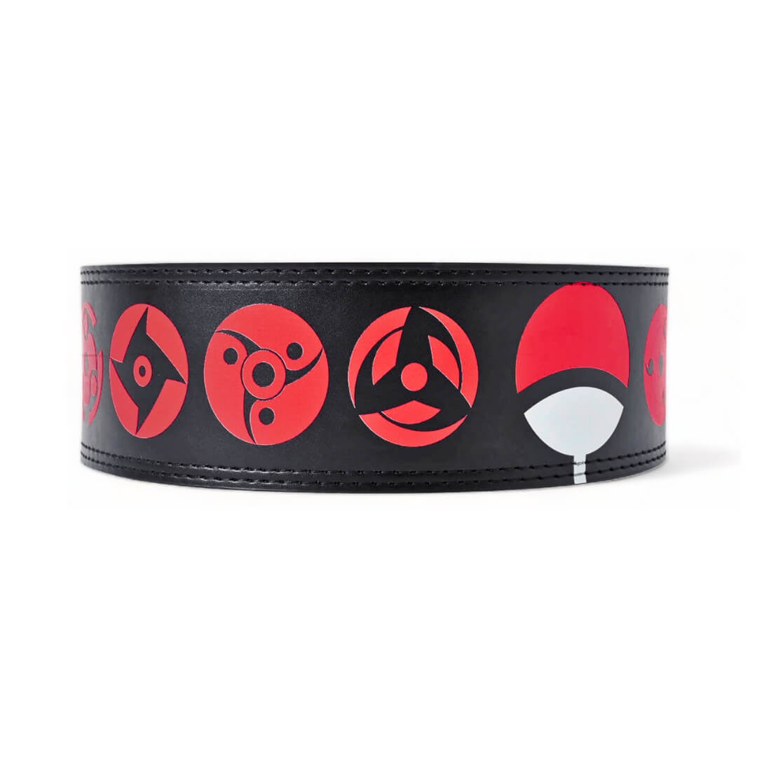 Naruto Powerlifting belt featuring bold red symbols on durable black leather. Ideal for advanced lifters seeking style and support. Enhance your performance with this standout design.