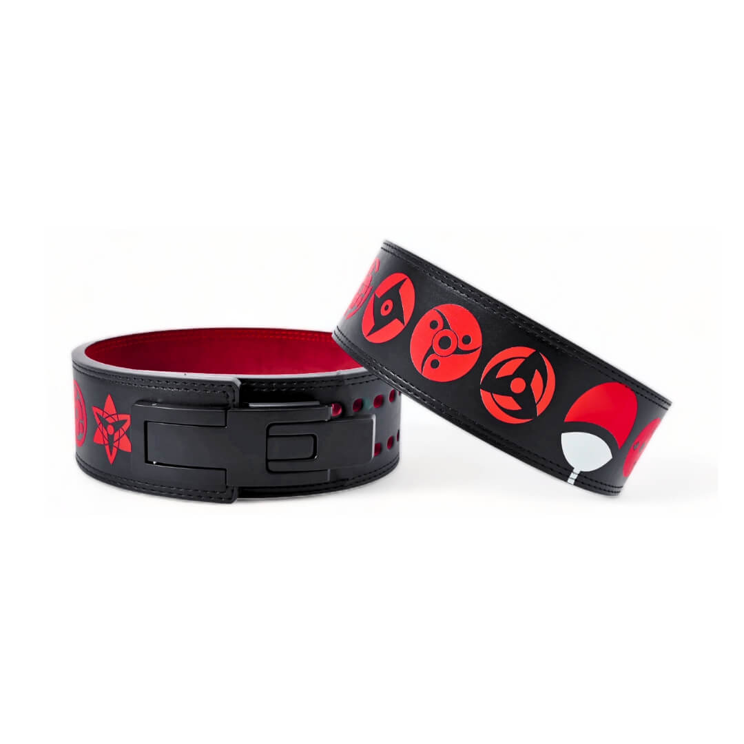 Stylish and functional anime lifting belt with red icons on black leather, equipped with a secure lever buckle. Combines durability and flair for serious weightlifters.