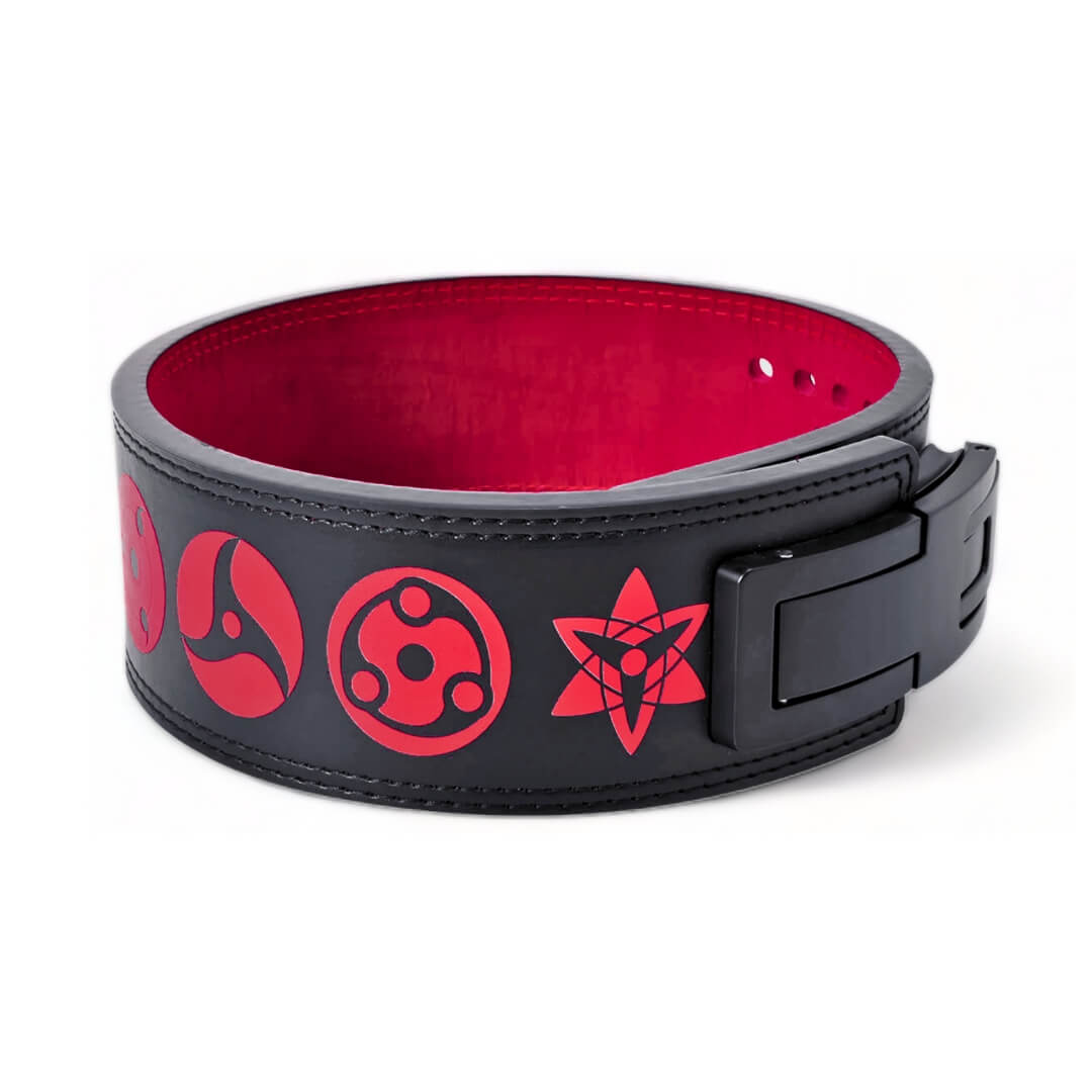 Powerlifting belt with intricate red designs on black leather, offering excellent support with a lever buckle. A perfect blend of functionality and aesthetics for dedicated lifters.