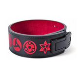 Powerlifting belt with intricate red designs on black leather, offering excellent support with a lever buckle. A perfect blend of functionality and aesthetics for dedicated lifters.