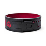 High-quality powerlifting belt featuring distinct red patterns and a black adjustable lever buckle. Designed for maximum support and eye-catching style in the gym.