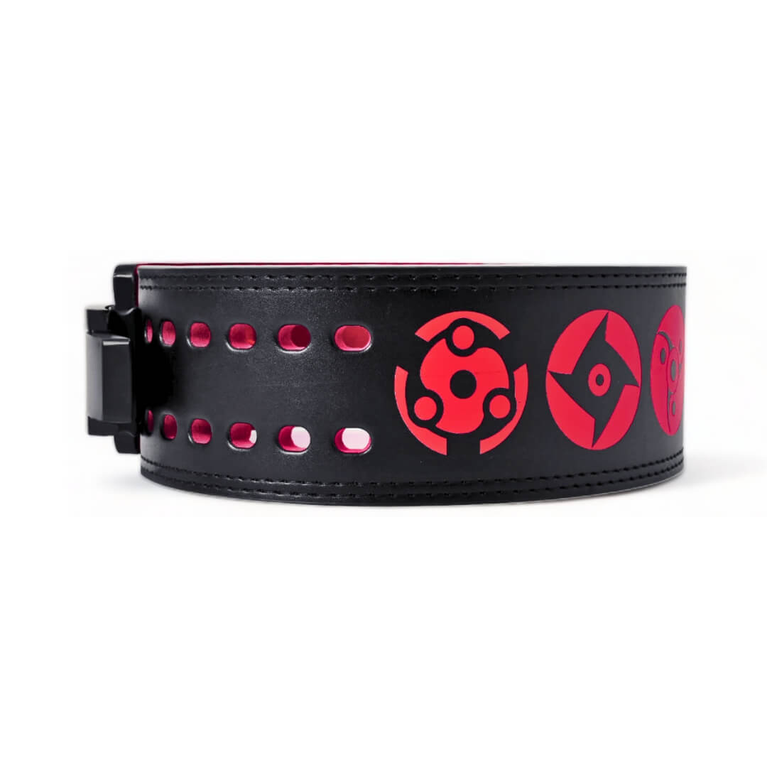 Durable powerlifting belt adorned with striking red symbols, including an ergonomic lever buckle. Ideal for competitive lifters looking for both performance and unique design.