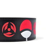 Zoomed in view of Naruto Powerlifting belt featuring bold red symbols on durable black leather. Ideal for advanced lifters seeking style and support. Enhance your performance with this standout design.