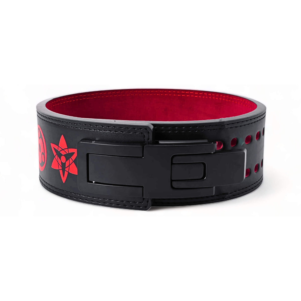 High-quality powerlifting belt featuring distinct red patterns and a black adjustable lever buckle. Designed for maximum support and eye-catching style in the gym.