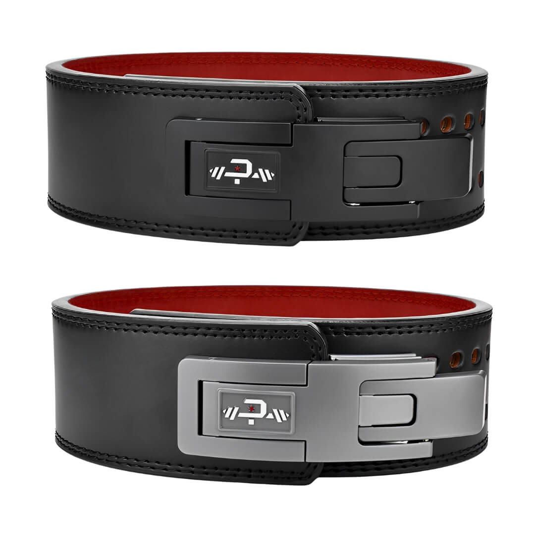 CLOSE UP OF SIGNATURE BLACK POWERLIFTING BELT | ADJUSTABLE LEVER BELT