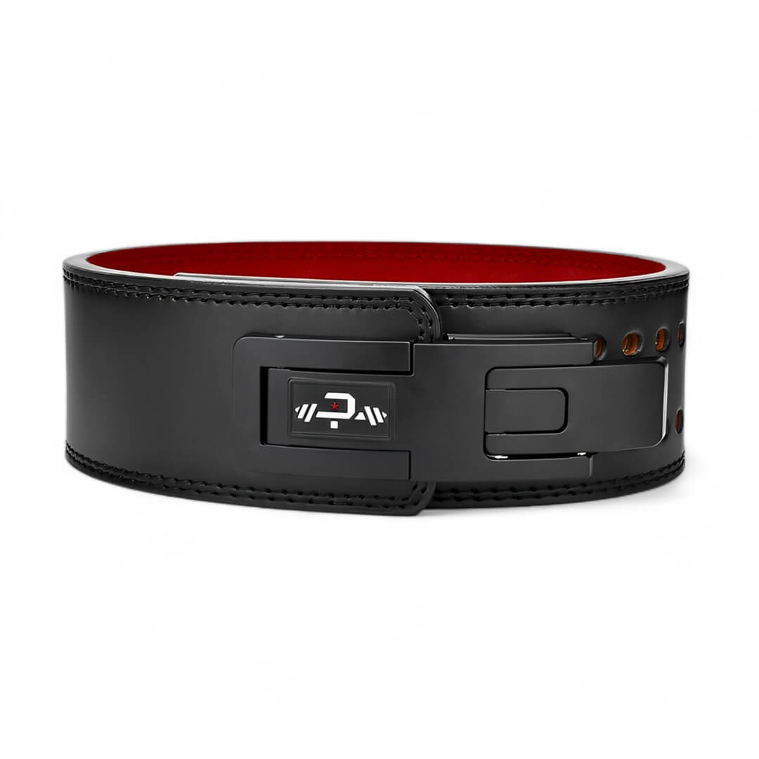 BLACK LEVER BELT - This elite belt combines a sleek black leather exterior with a striking red interior. The robust lever buckle ensures secure support, making it ideal for heavy lifting and strength training.