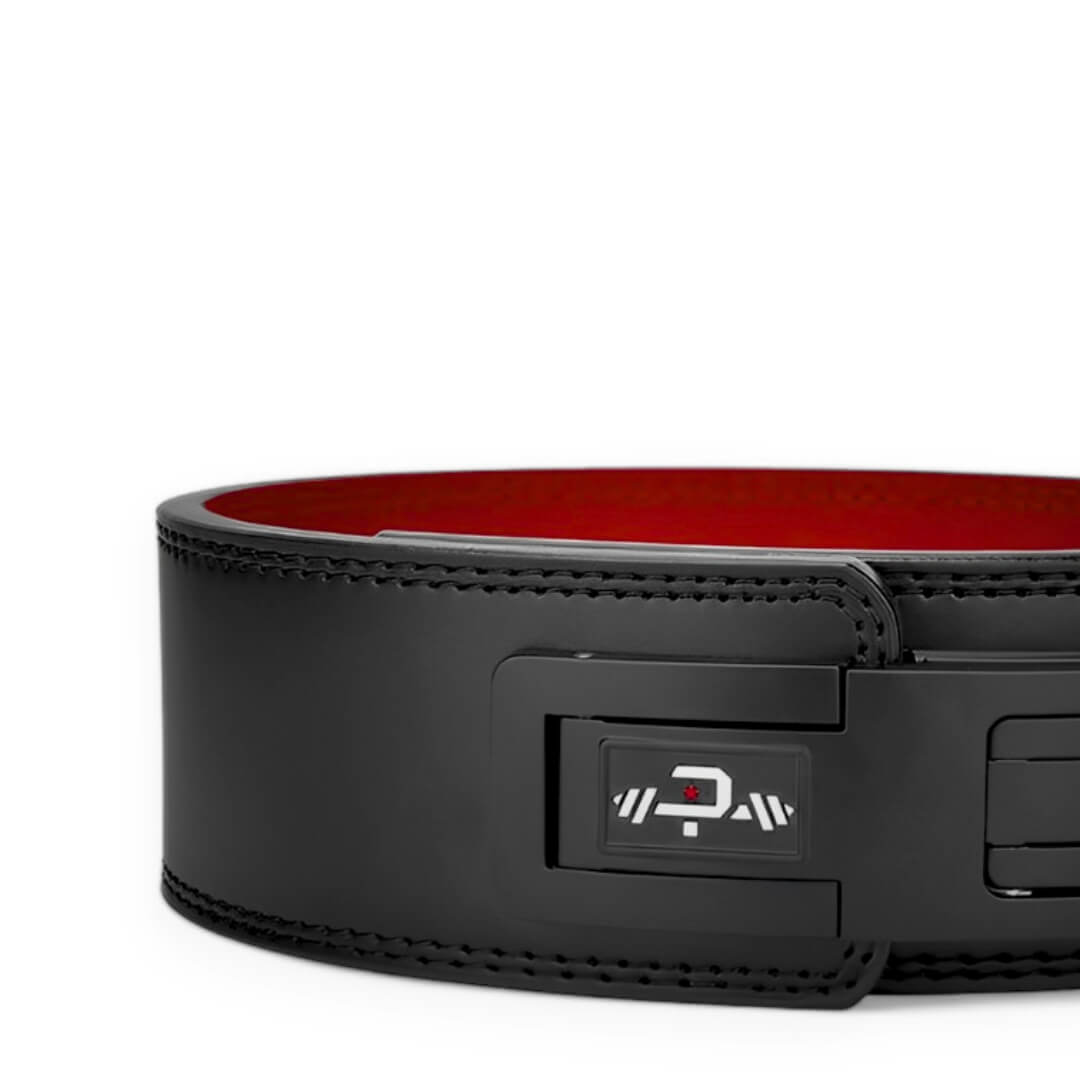 Close up of 13mm powerlifting belt with black lever buckle