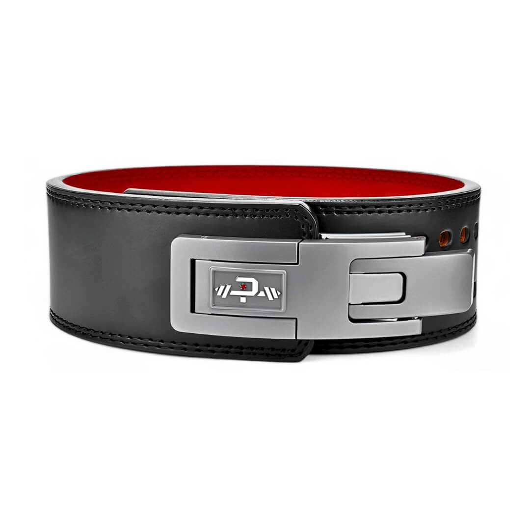 GRAY LEVER BELT - This elite belt combines a sleek black leather exterior with a striking red interior. The robust lever buckle ensures secure support, making it ideal for heavy lifting and strength training.