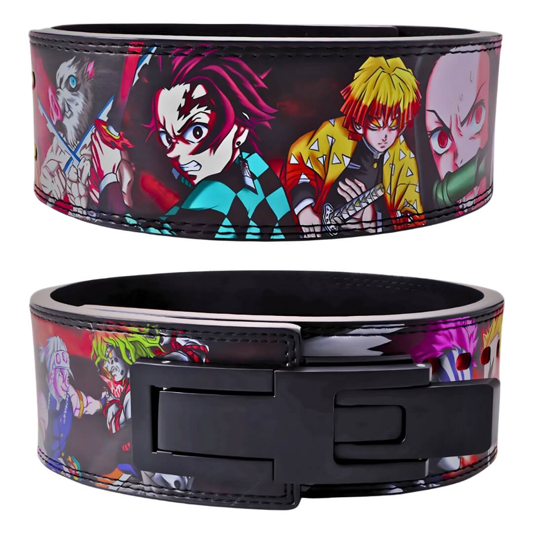 Front and back view of Demon Slayer lifting belt displaying detailed anime characters, perfect for weightlifting and strength training.