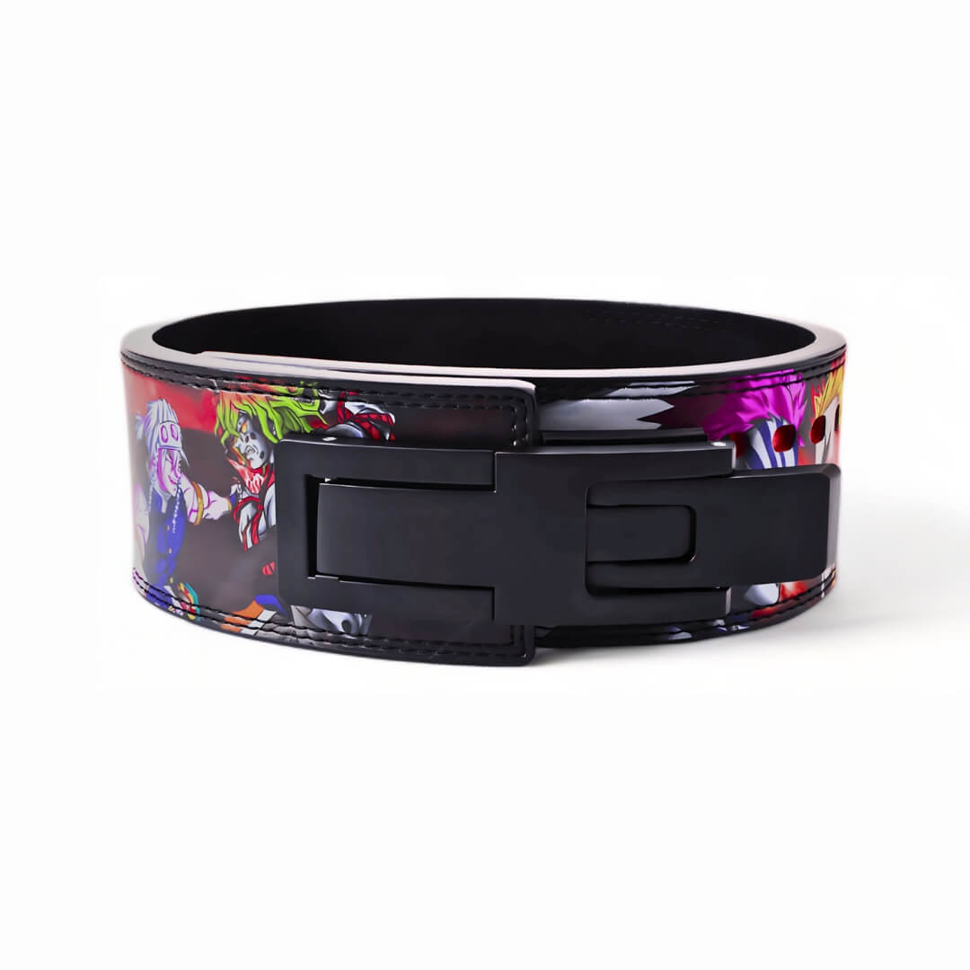 Side view of Demon Slayer lifting belt with bold, colorful character designs, including Tanjiro and other key figures from the anime