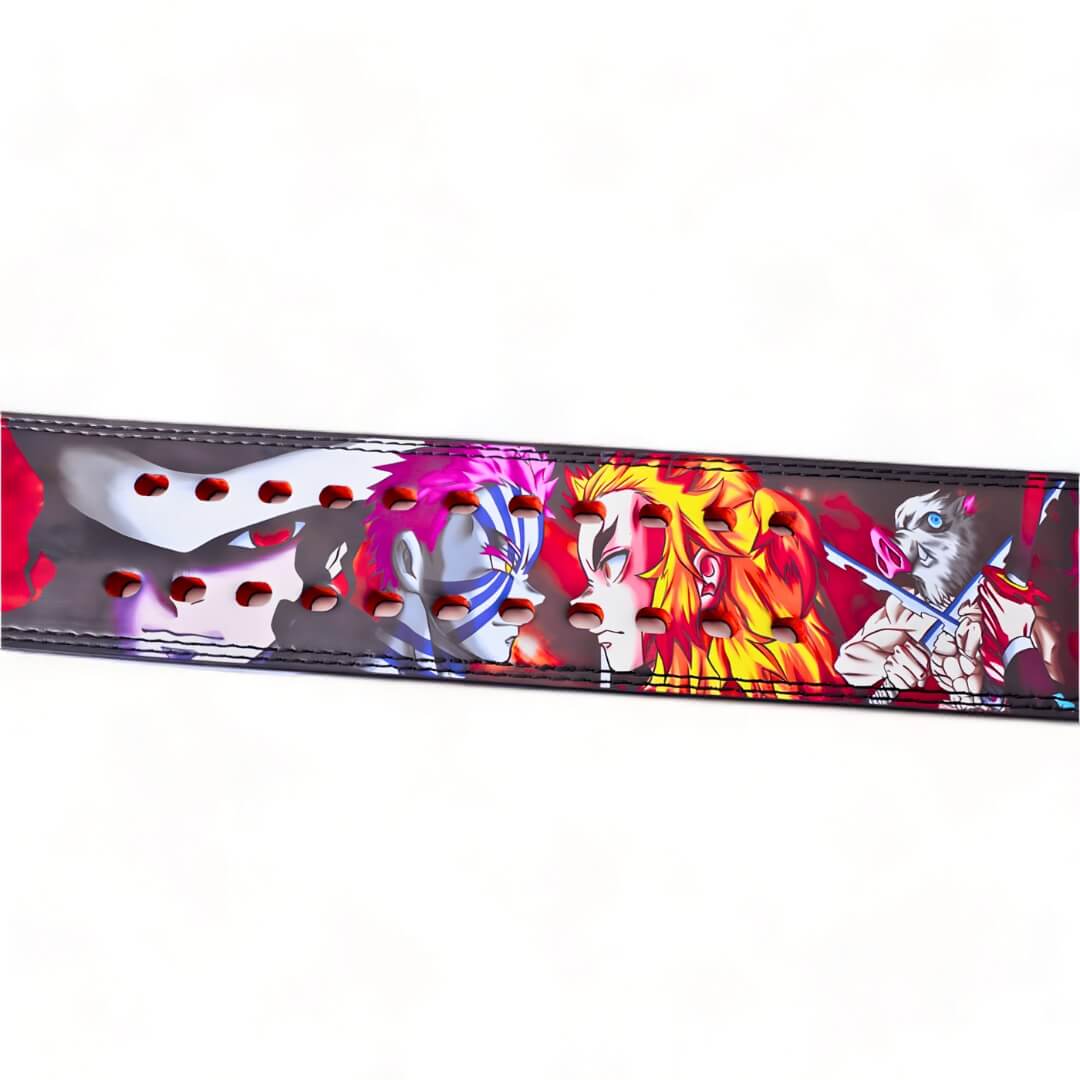 Vibrant Demon Slayer weightlifting belt featuring intense character artwork of Akaza and Kyojuro Rengoku in a dramatic face-off.