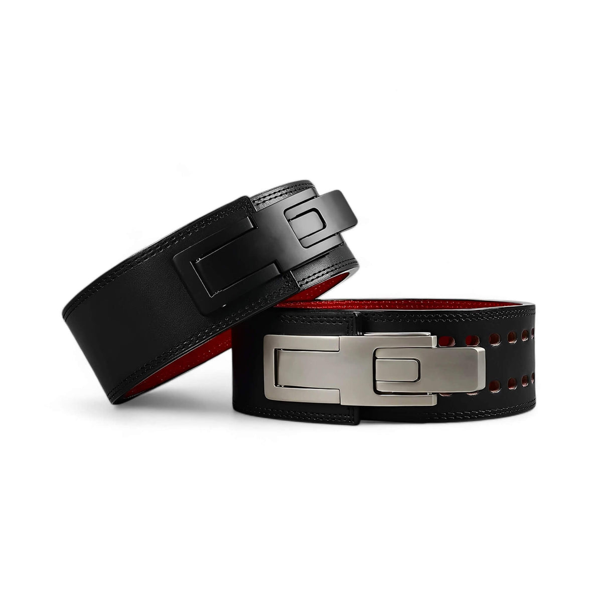 Pair of DEEP BLACK Powerlifting Belts - Featuring durable lever buckles, these belts offer superior support and a sleek black leather exterior with red interiors, perfect for powerlifting and serious weight training.