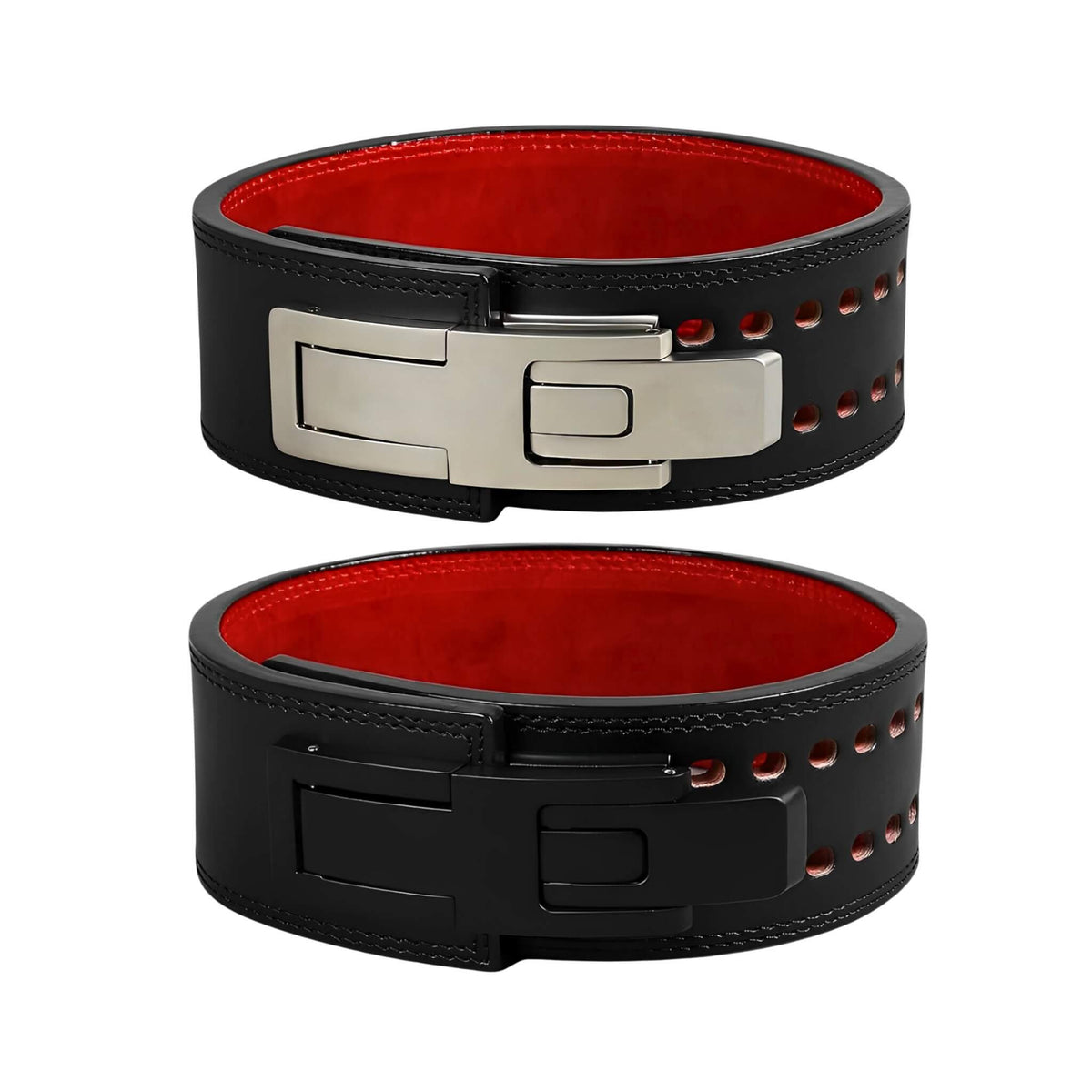 DEEP BLACK Powerlifting Belt Close-Up - Highlighting the robust lever buckle and striking red interior. This belt offers maximum support and durability, crafted from premium black leather for serious weightlifting.