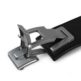 Closed up view of adjustable lever belt action. Black Leather weightlifting belt for powerlifting.