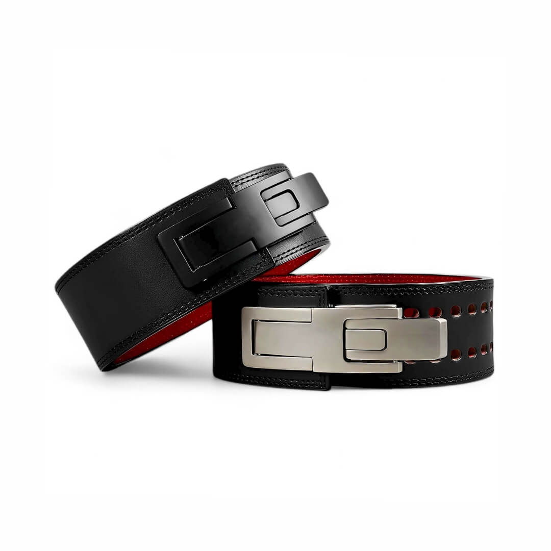 StealthPRO Weightlifting Belt on display | Powerlifting belt featuring adjustable lever buckle. This belt offers superior support and a sleek black leather exterior with red suede interiors, perfect for powerlifting and serious weight training.