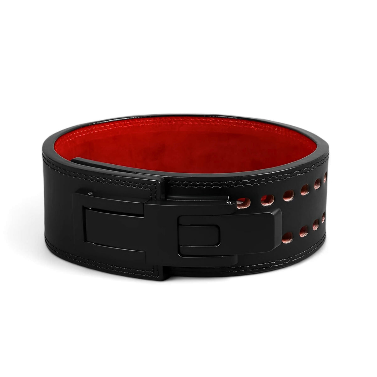 DEEP BLACK Powerlifting Belt with Black Lever - Featuring a sturdy black lever buckle, this belt offers premium support with its sleek black leather and bold red interior. Perfect for serious lifters seeking style and performance