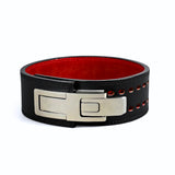 Front StealthPRO Weightlifting Belts on display with silver buckle | Powerlifting belt featuring adjustable lever buckle. This belt offers superior support and a sleek black leather exterior with red suede interiors, perfect for powerlifting and serious weight training.